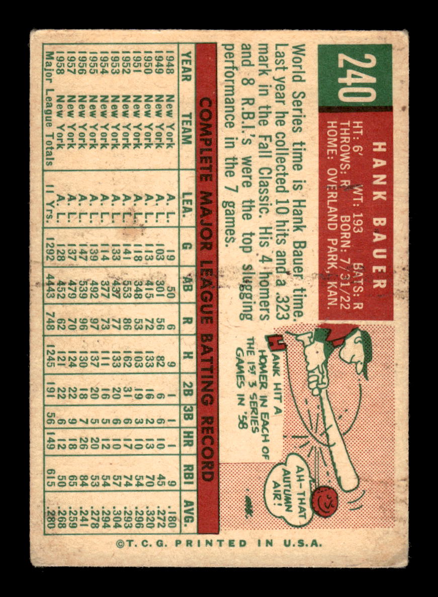 1959 Topps #240a Hank Bauer New York Yankees VG HOF10011694