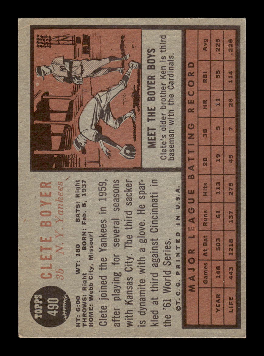 1962 Topps #490 Clete Boyer New York Yankees VG HOF10011731