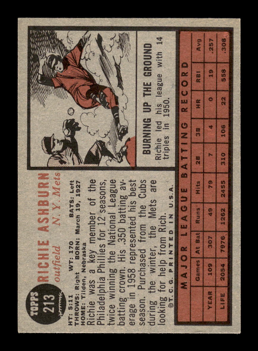 1962 Topps #213 Richie Ashburn New York Mets VG HOF10011750