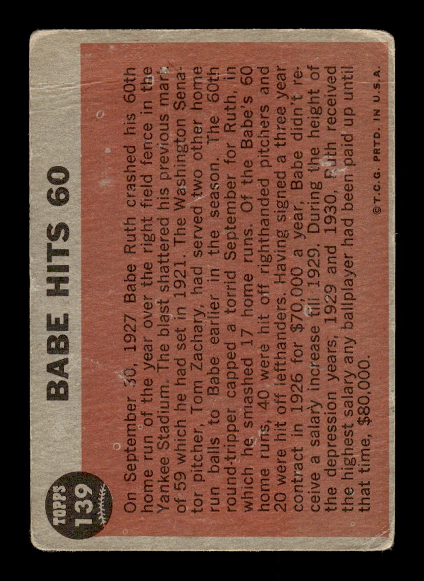 1962 Topps #139d Babe Hits 60 New York Yankees VGEX HOF10011752