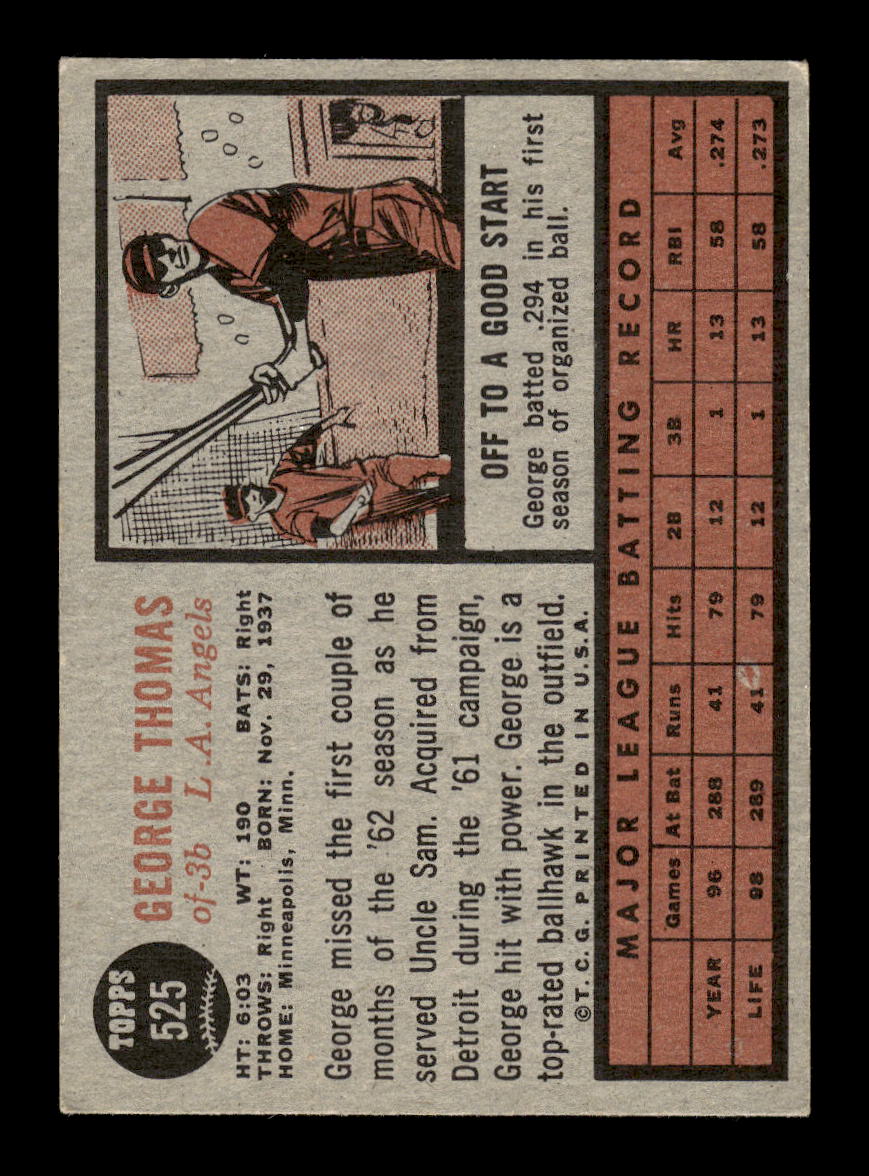 1962 Topps #525 George Thomas Los Angeles Angels VGEX HOF10011764