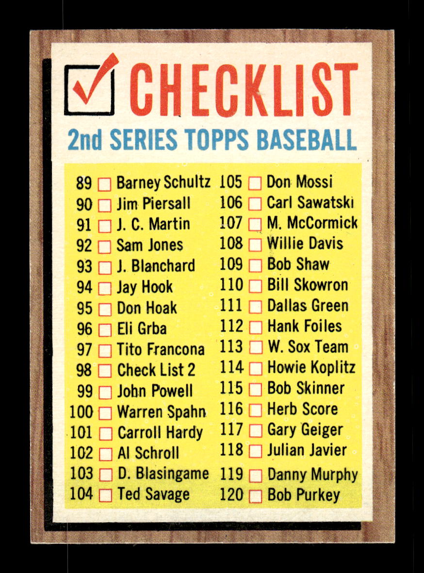 1962 Topps #98 2nd Series Checklist: 89-176 VGEX HOF10011766