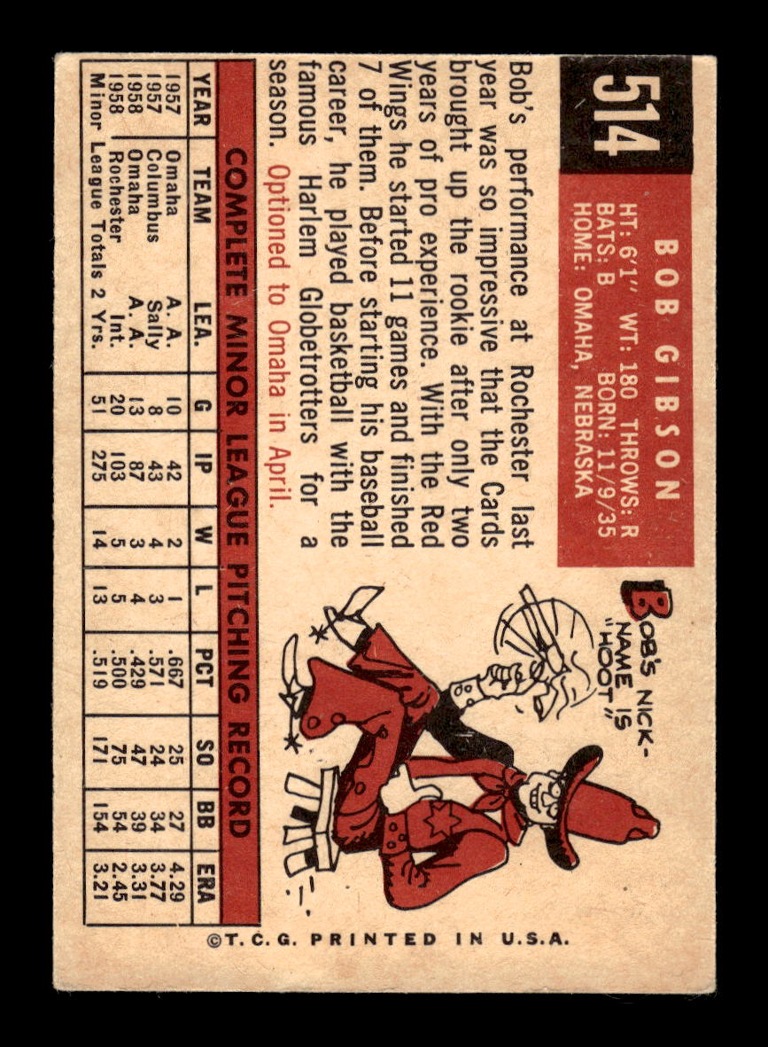 1959 Topps #514 Bob Gibson St. Louis Cardinals VGEX HOF10011767
