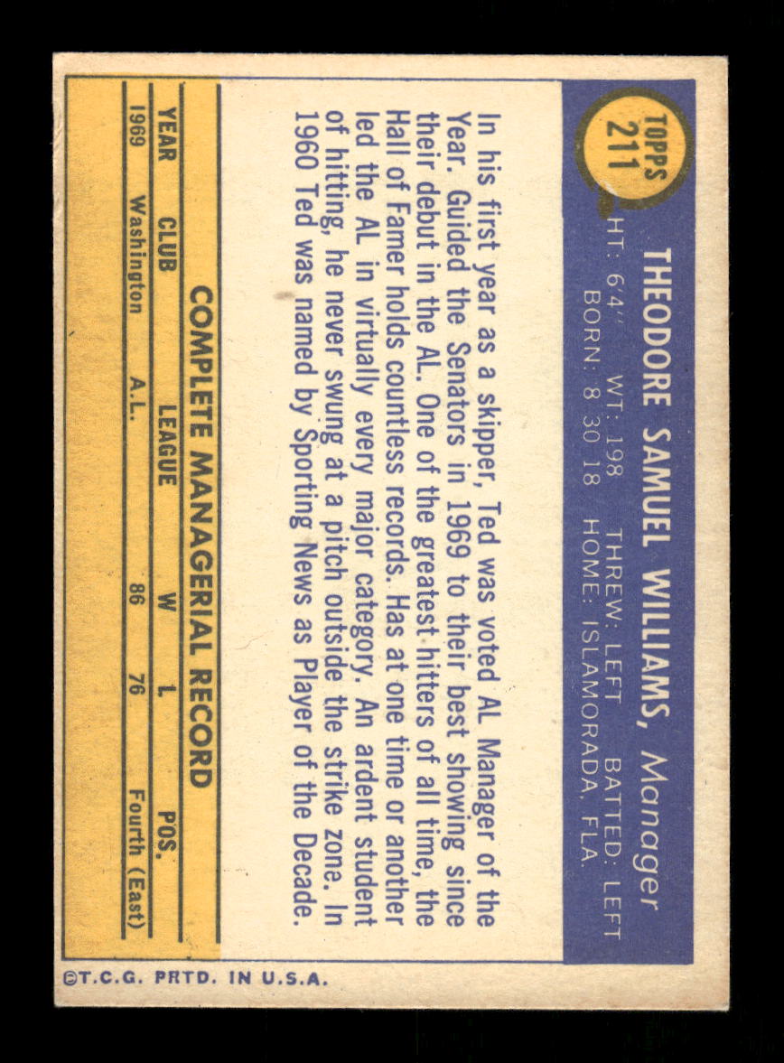 1970 Topps #211 Ted Williams Washington Senators VGEX HOF10011792