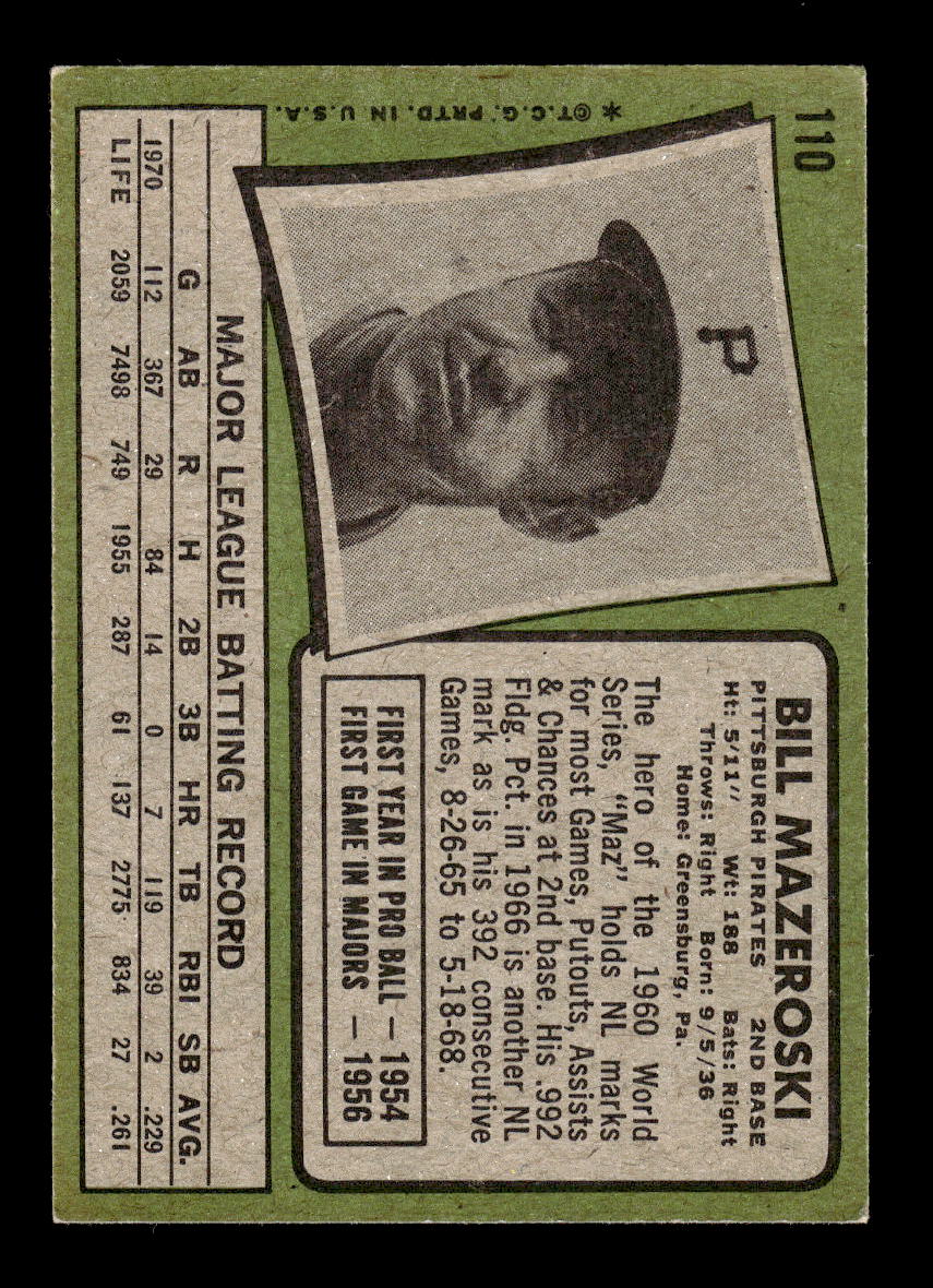 1971 Topps #110 Bill Mazeroski Pittsburgh Pirates VGEX HOF10011797