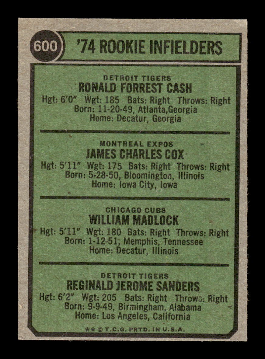1974 Topps #600 Rookie Infielders Cash Cox Madlock Sanders VGEX HOF10011831