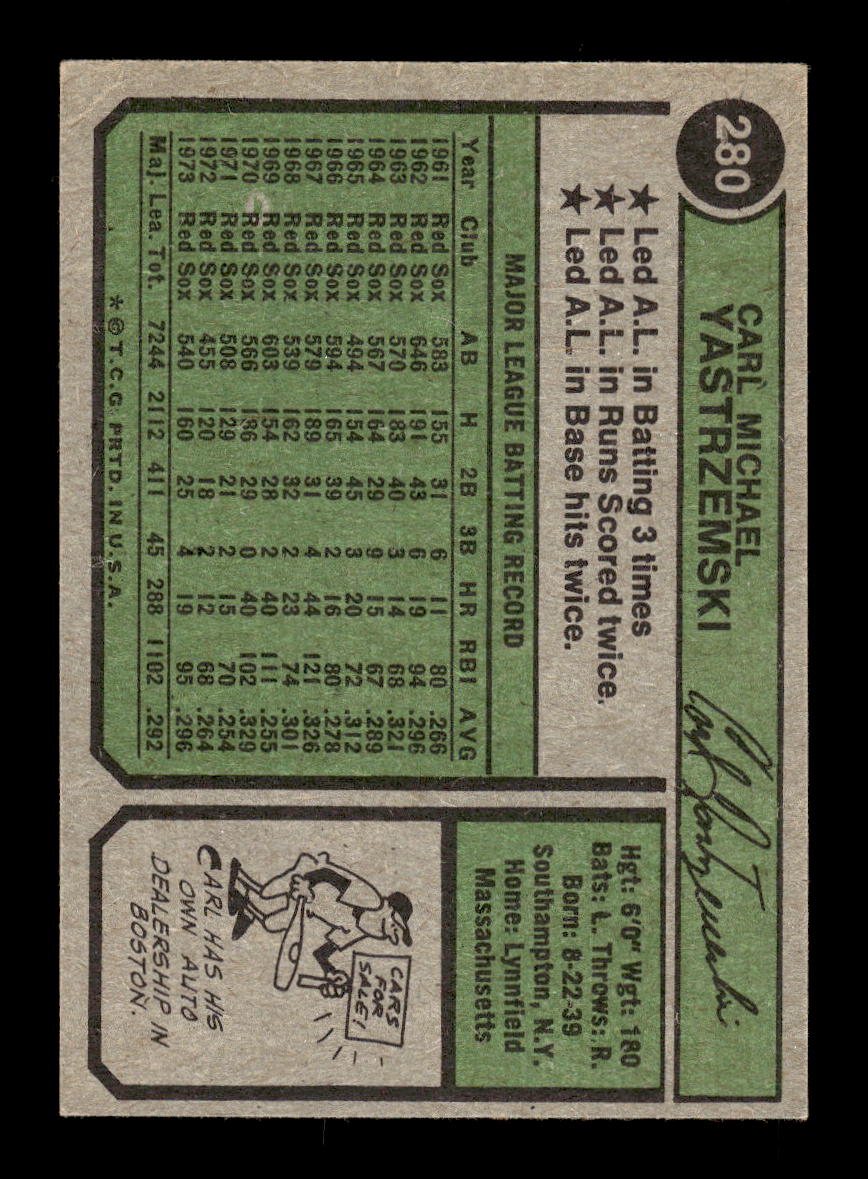 1974 Topps #280 Carl Yastrzemski Boston Red Sox VGEX HOF10011842