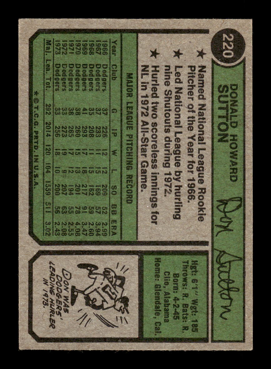 1974 Topps #220 Don Sutton Los Angeles Dodgers VGEX HOF10011843
