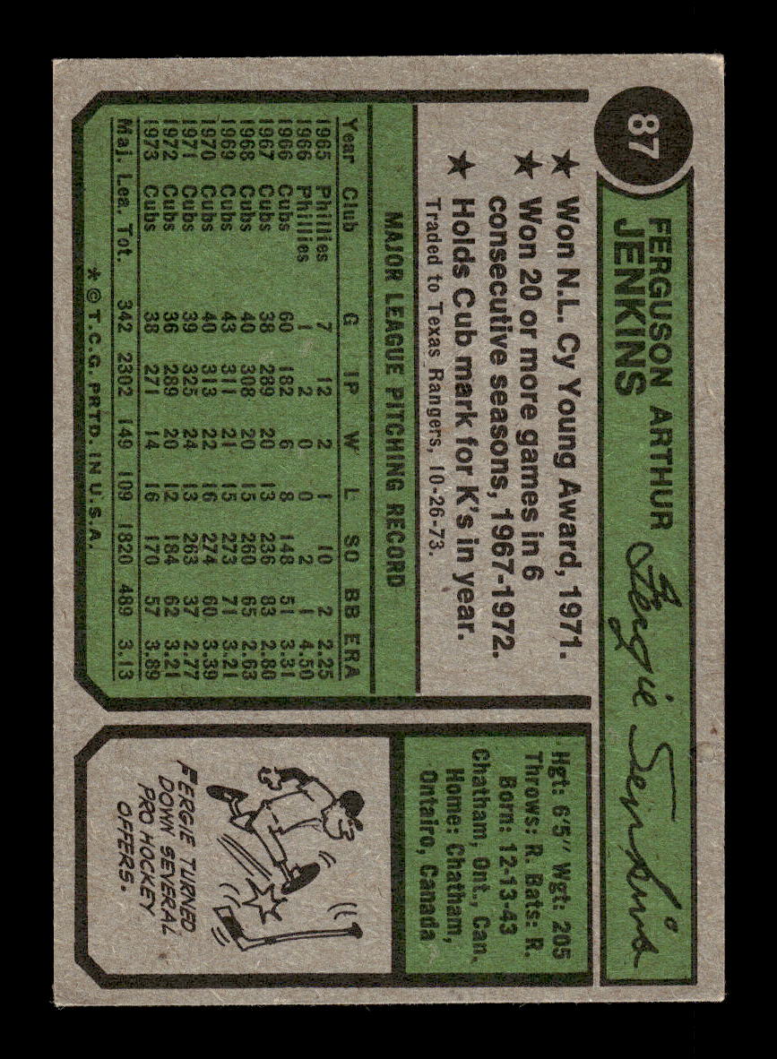 1974 Topps #87 Fergie Jenkins Texas Rangers EX HOF10011845