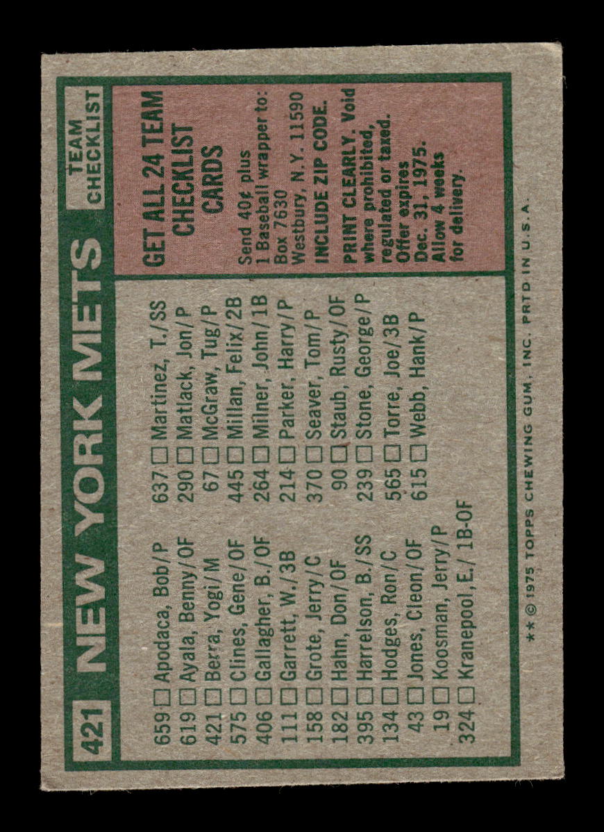 1975 Topps #421 New York Mets / Yogi Berra New York Mets VG 10011862