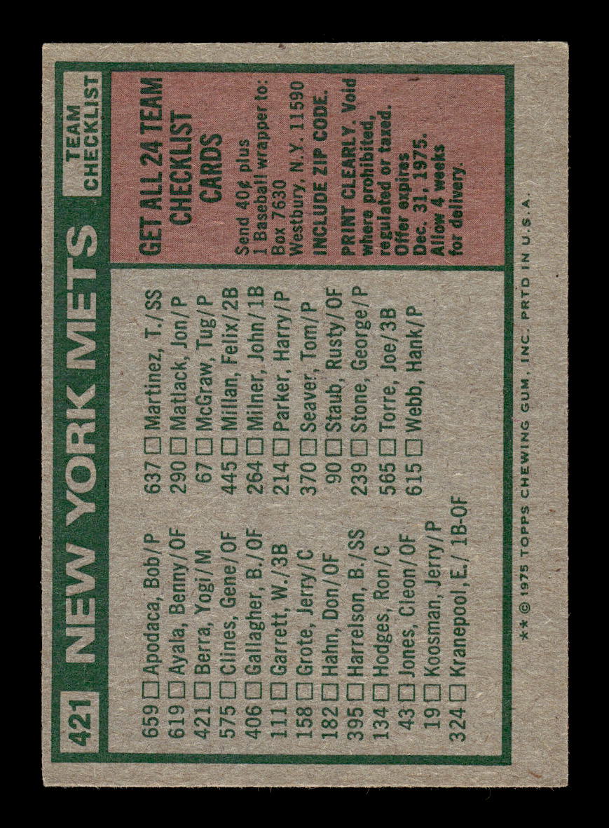 1975 Topps #421 New York Mets / Yogi Berra New York Mets VGEX 10011863