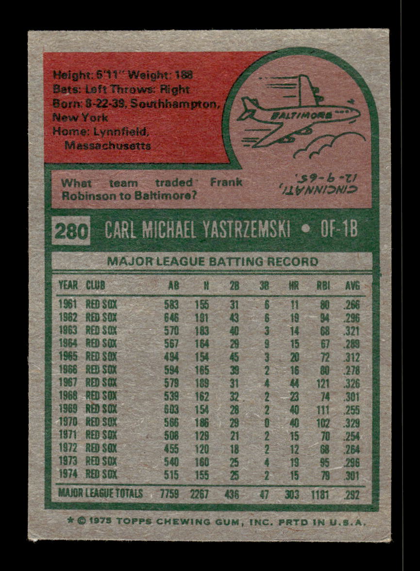 1975 Topps #280 Carl Yastrzemski Boston Red Sox G/VG 10011873