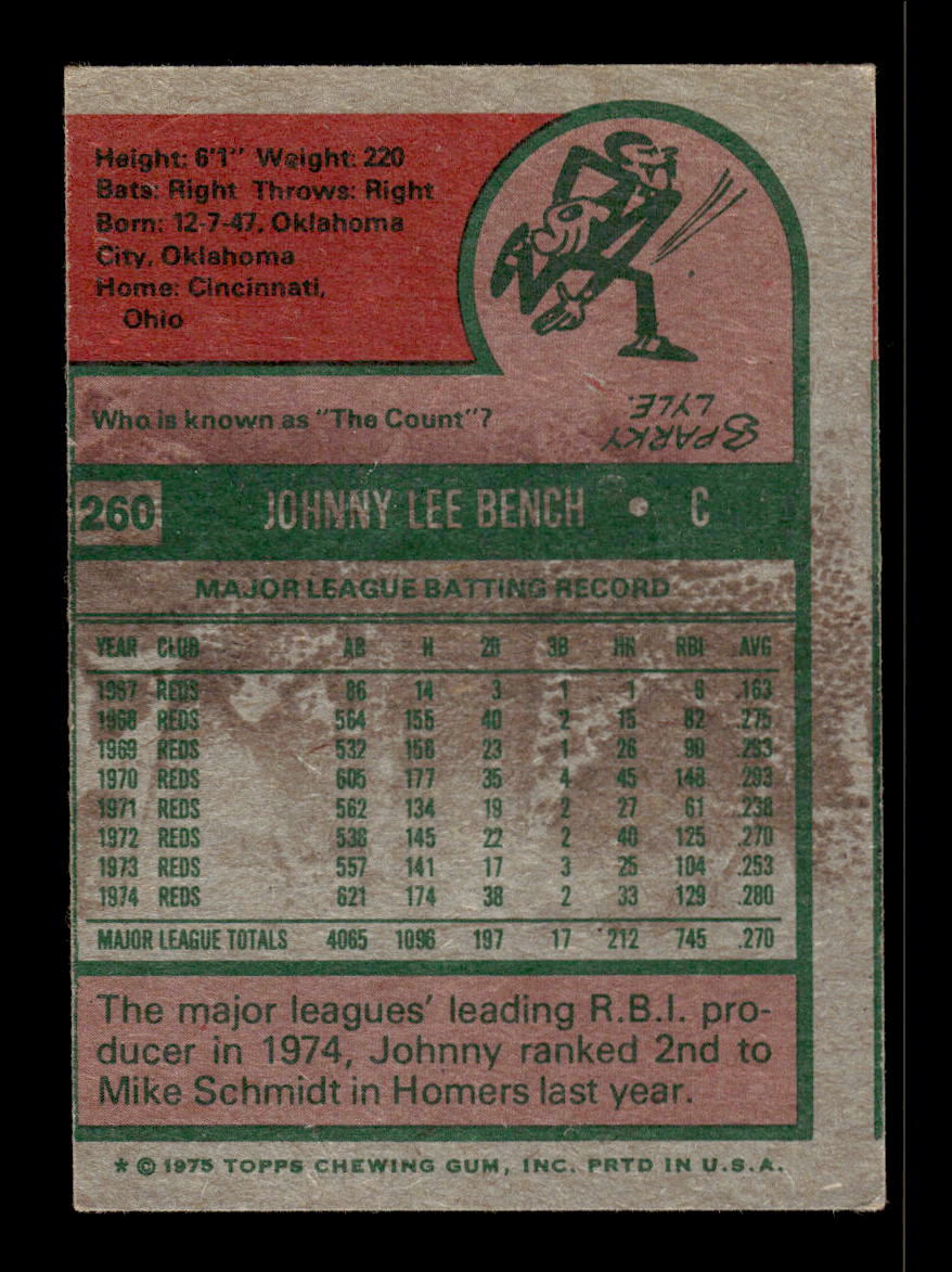 1975 Topps #260 Johnny Bench Cincinnati Reds G/VG 10011874