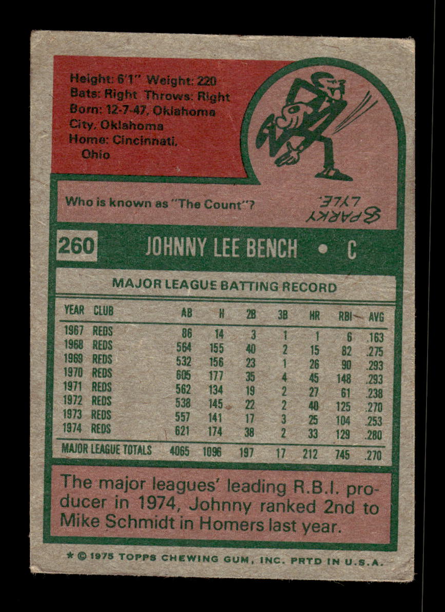 1975 Topps #260 Johnny Bench Cincinnati Reds Poor 10011875