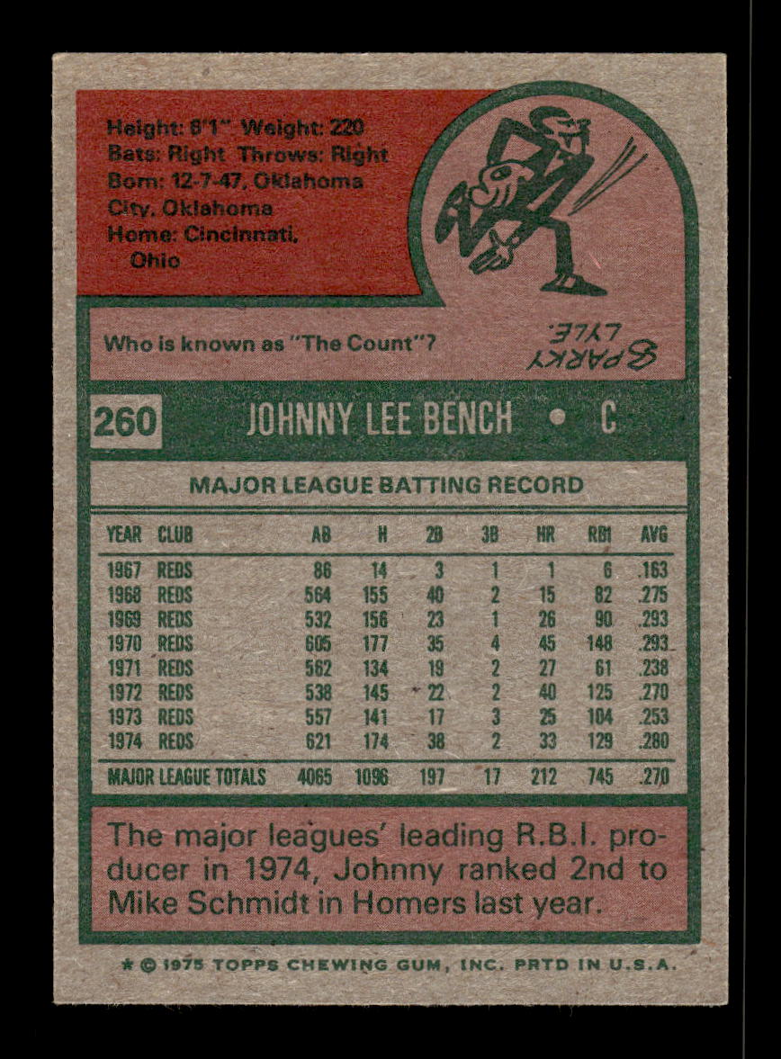 1975 Topps #260 Johnny Bench Cincinnati Reds VG 10011876