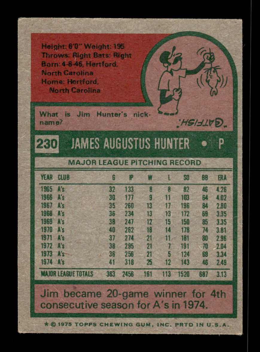 1975 Topps #230 Jim Hunter Oakland Athletics VGEX 10011880