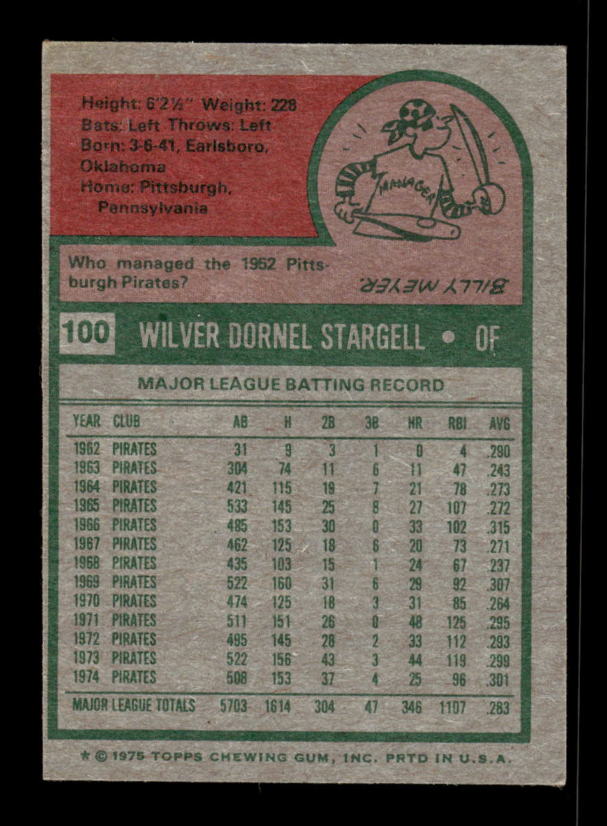 1975 Topps #100 Willie Stargell Pittsburgh Pirates G/VG 10011883