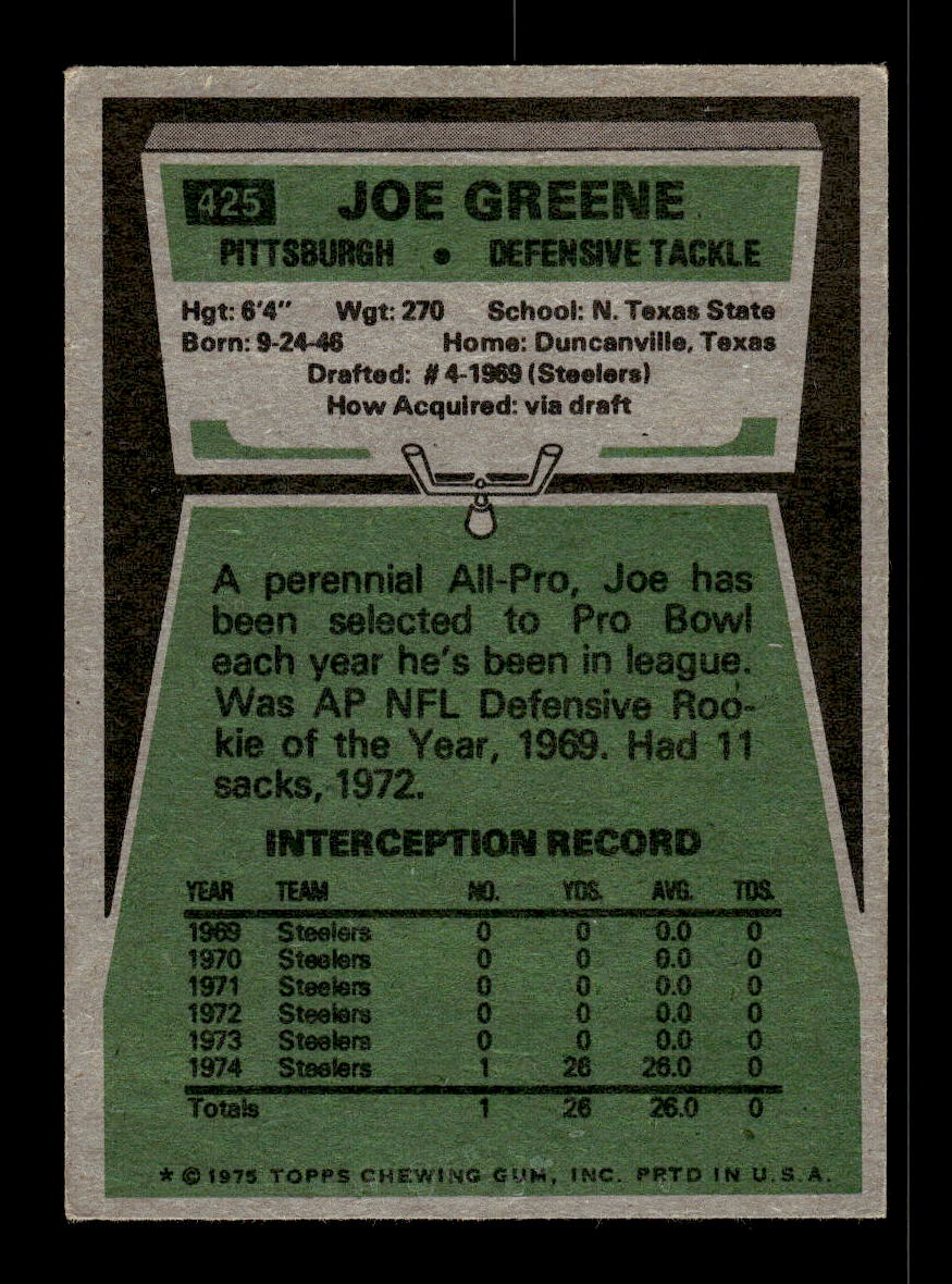 1975 Topps #425 Joe Greene Pittsburgh Steelers VGEX 10011896
