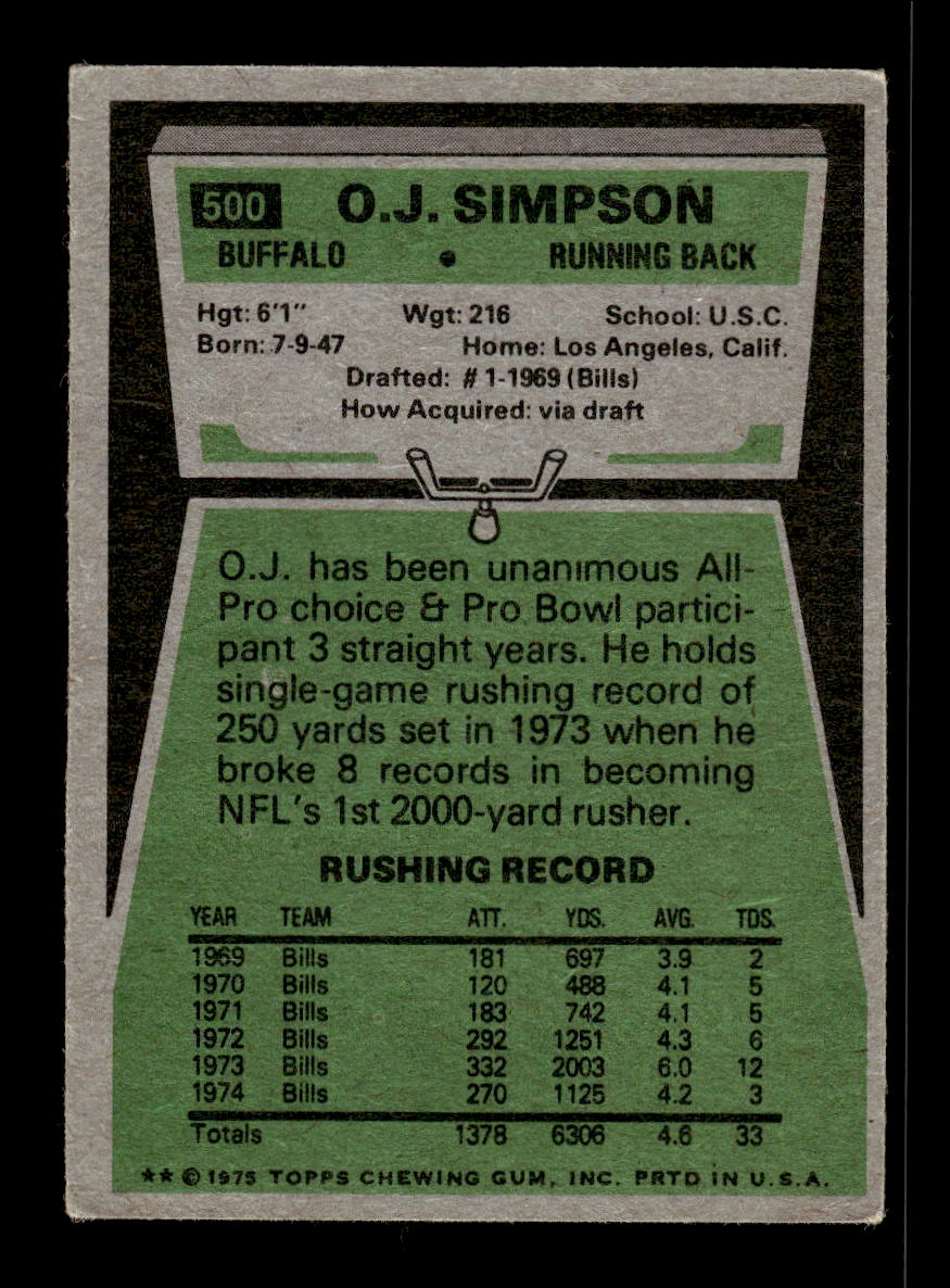 1975 Topps #500 O.J. Simpson Buffalo Bills VG 10011897