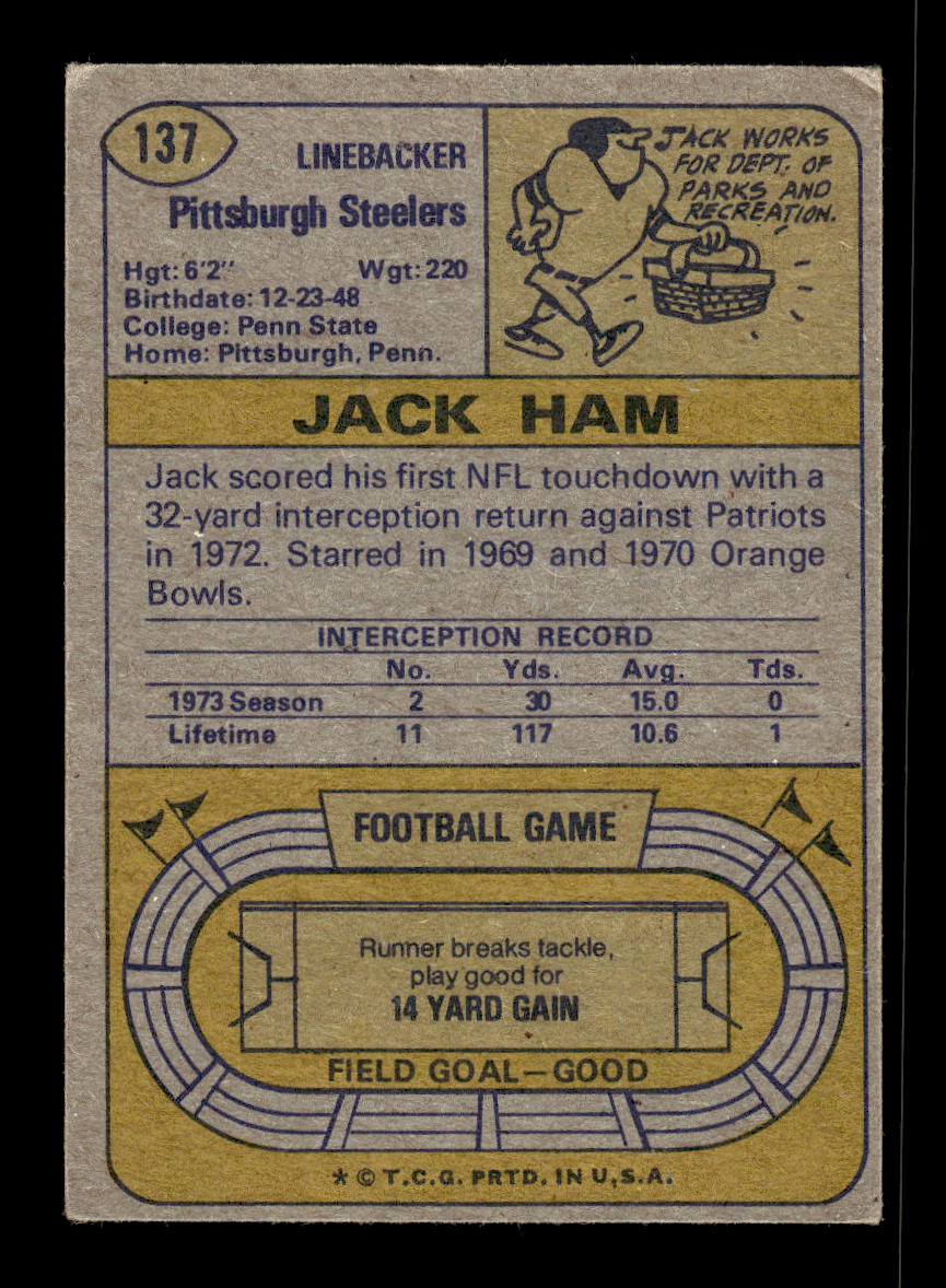1974 Topps #137 Jack Ham Pittsburgh Steelers VG 10011913