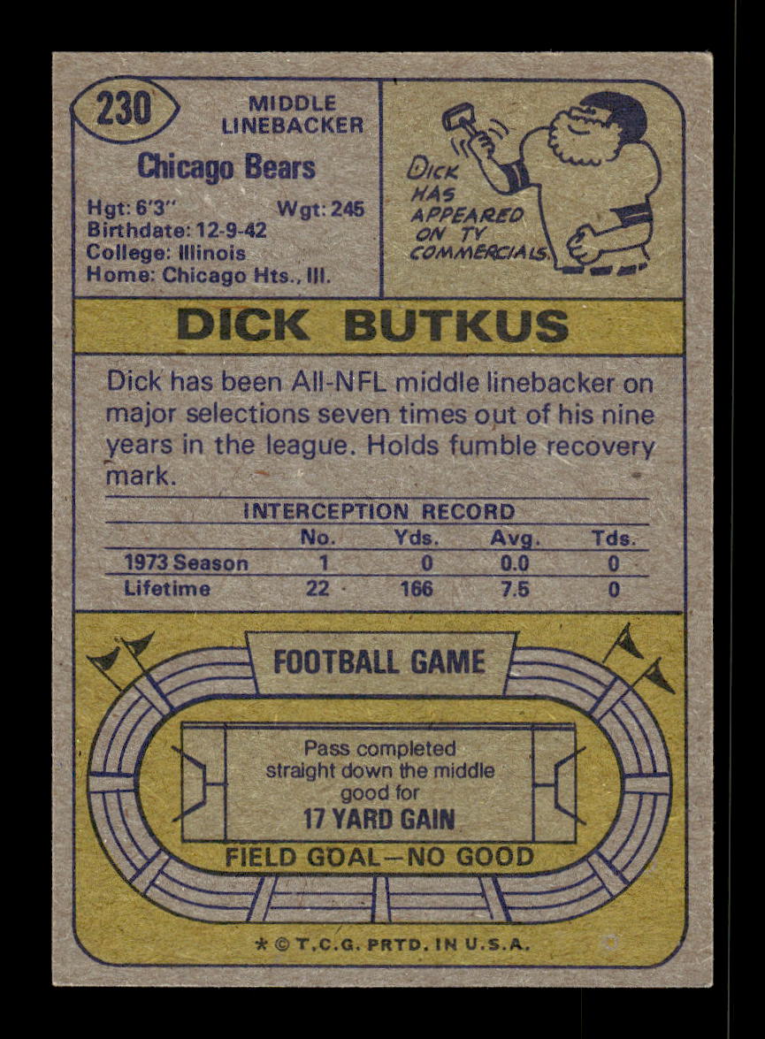 1974 Topps #230 Dick Butkus Chicago Bears EX 10011915