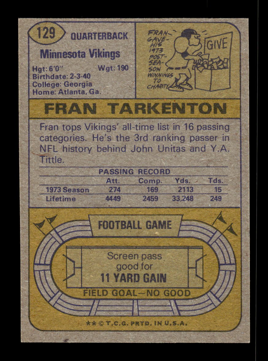 1974 Topps #129 Fran Tarkenton Minnesota Vikings EX 10011916