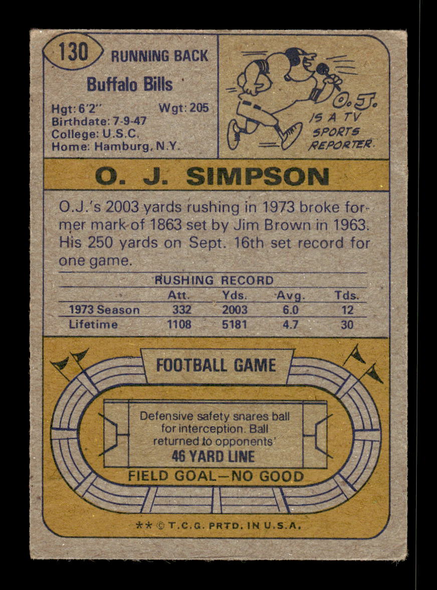 1974 Topps #130 O.J. Simpson Buffalo Bills G/VG 10011918