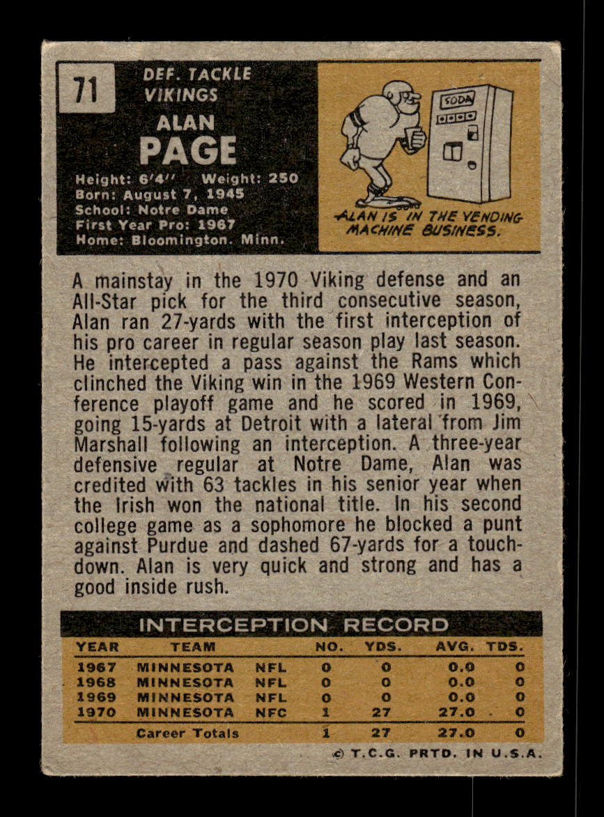 1971 Topps #71 Alan Page Minnesota Vikings VG 10011929