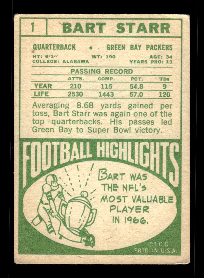 1968 Topps #1 Bart Starr Green Bay Packers VG 10011952
