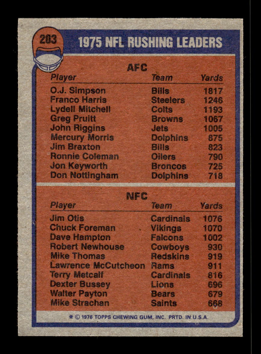 1976 Topps #203 1975 Rushing Leaders O.J. Simpson / Jim Otis EXMT 10011968