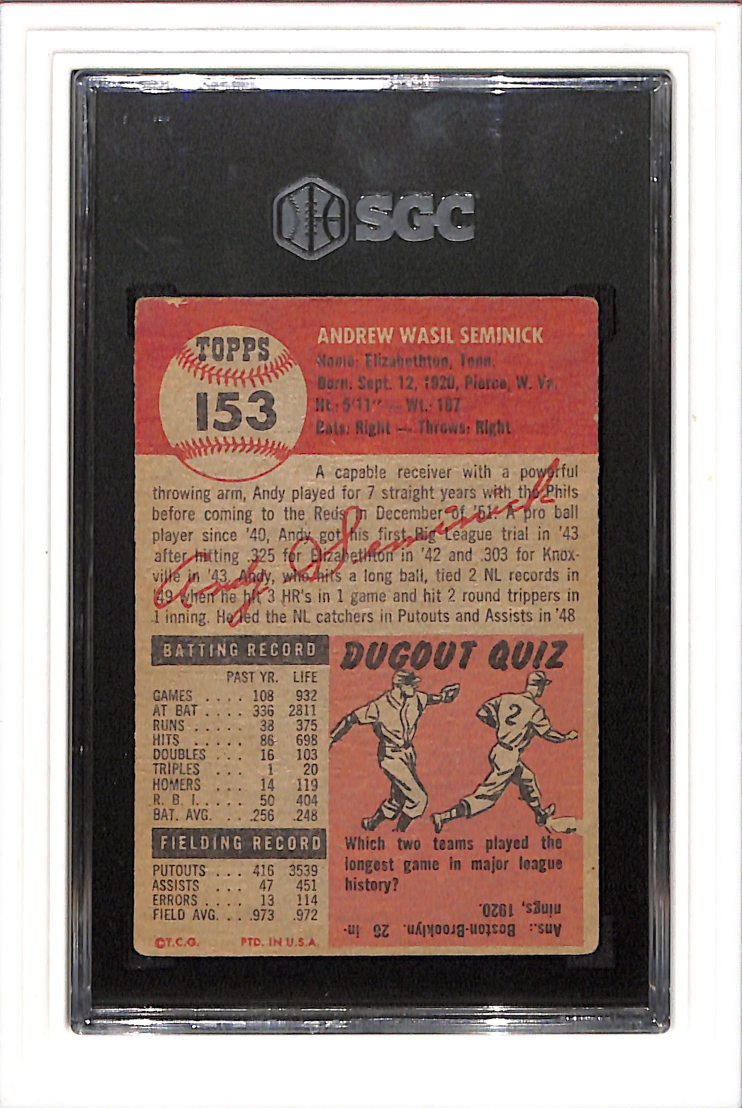 1953 Topps #153 Andy Seminick SGC 1.5 SN 7845629
