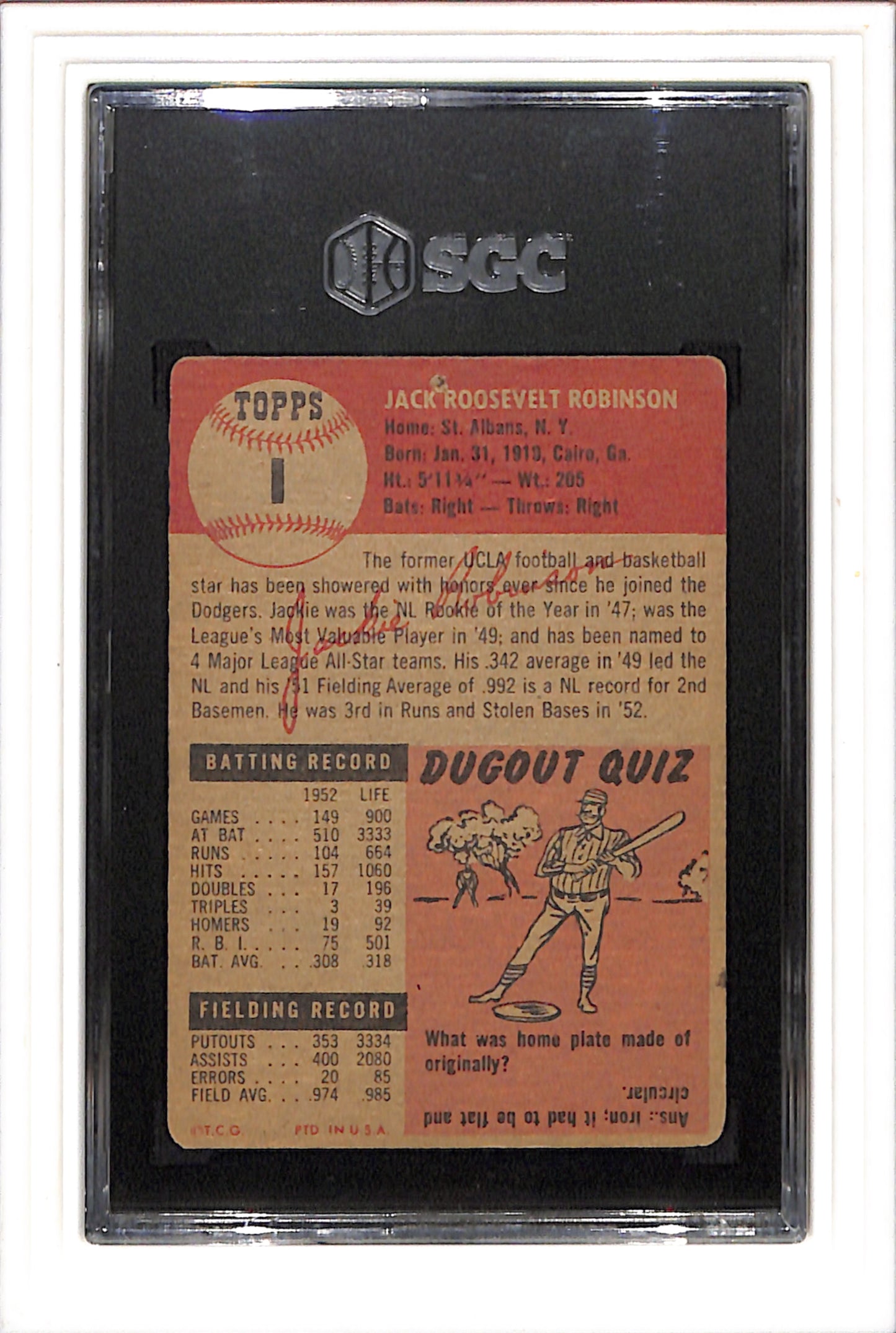 1953 Topps #1 Jackie Robinson SGC 1 SN 9622130