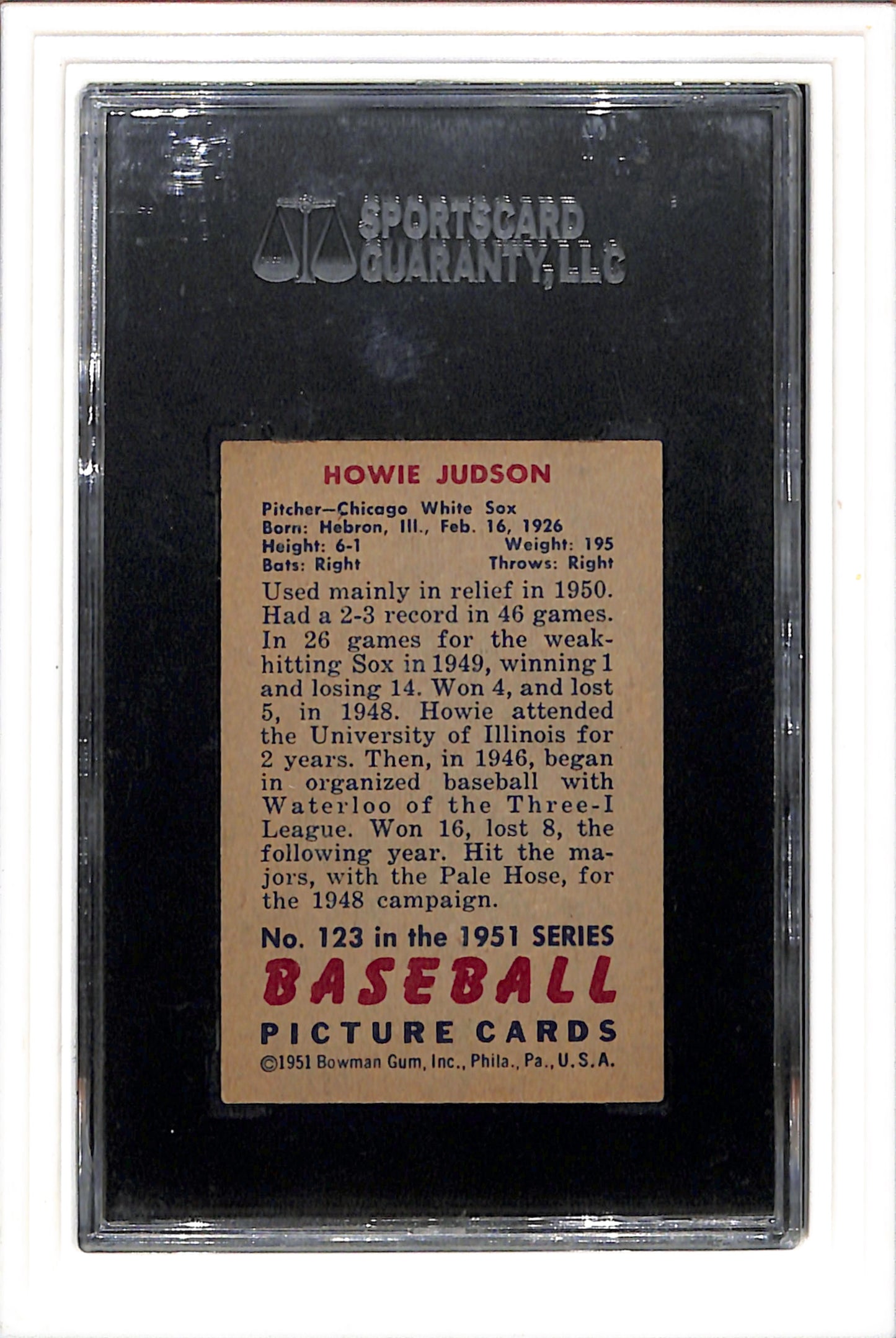 1951 Bowman #123 Howie Judson SGC 7 SN 1270294