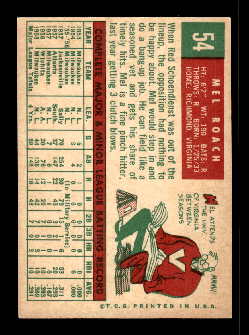 1959 Topps #54 Mel Roach Milwaukee Braves EX 10011991