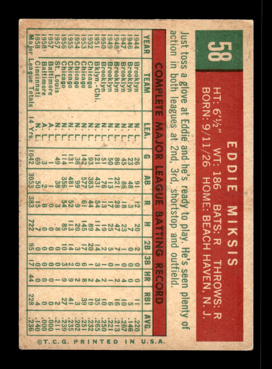1959 Topps #58 Eddie Miksis Cincinnati Redlegs EX 10012001