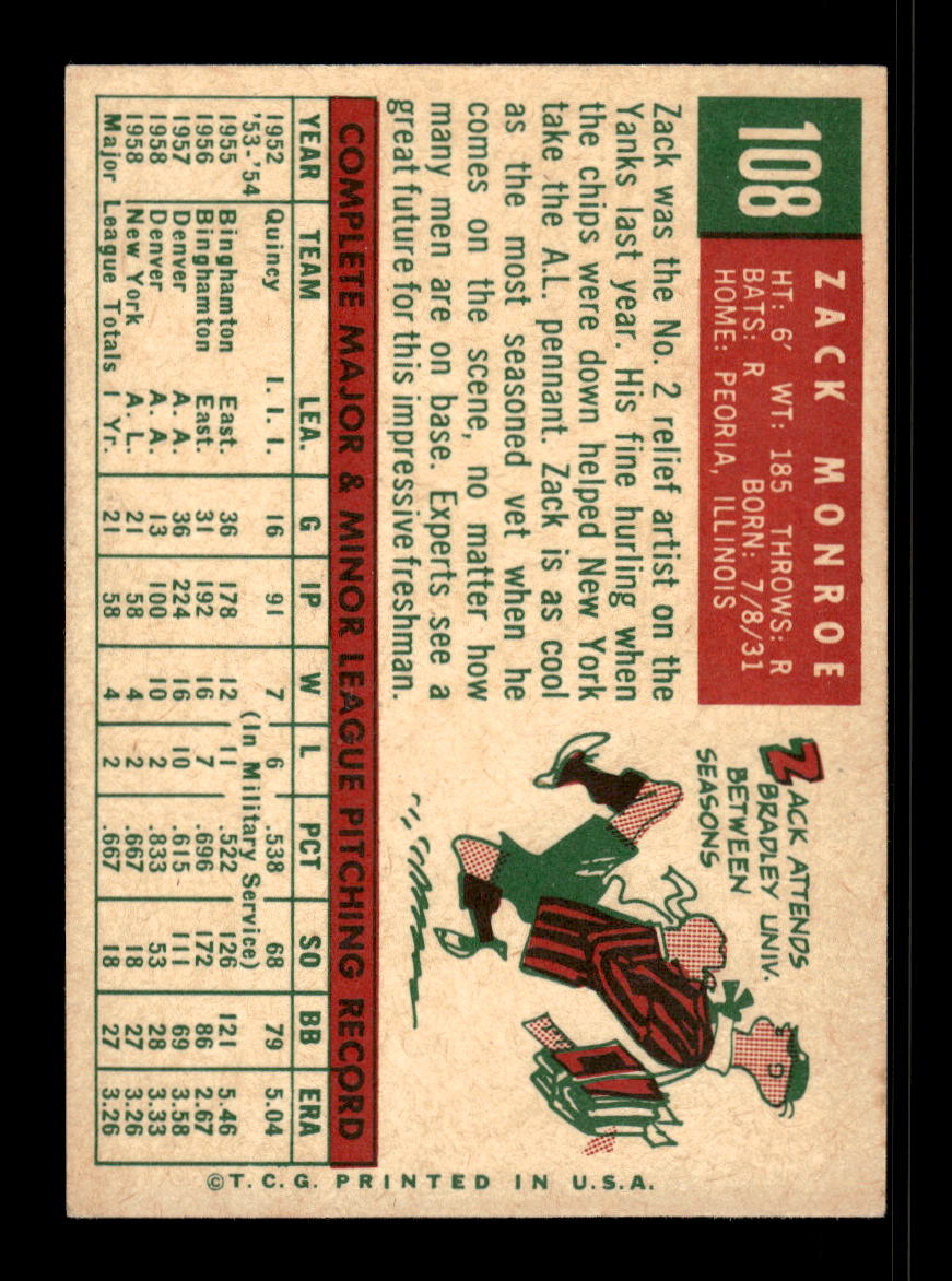 1959 Topps #108 Zack Monroe New York Yankees EX 10012018