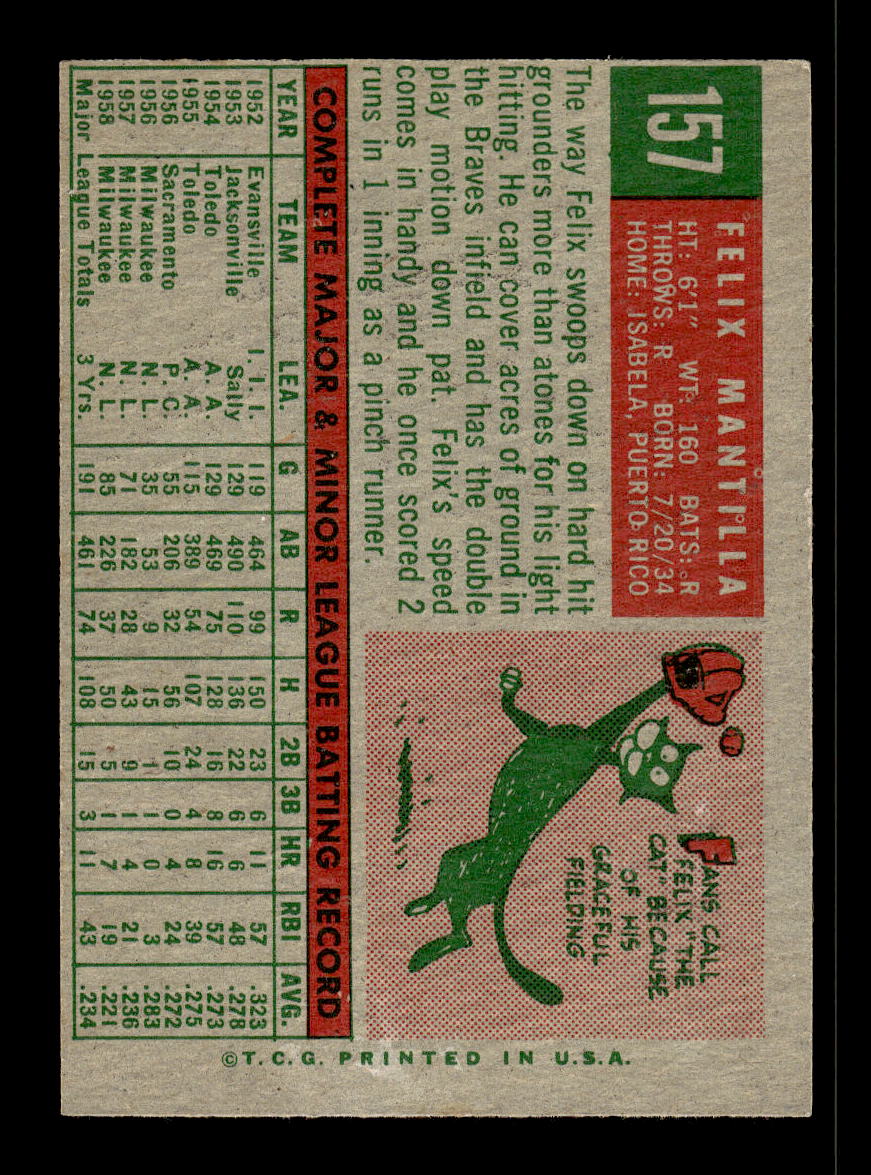 1959 Topps #157 Felix Mantilla Milwaukee Braves EX 10012022