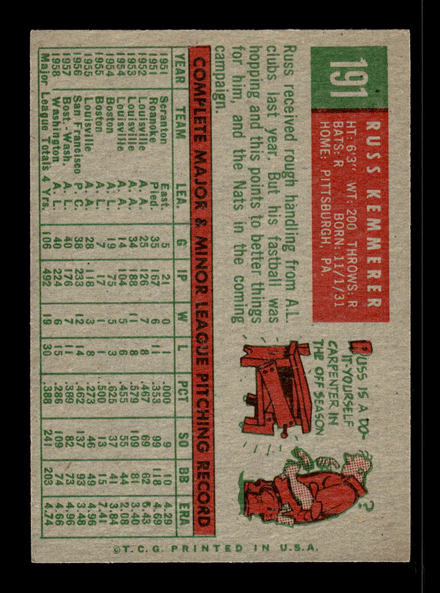1959 Topps #191 Russ Kemmerer Washington Senators EX 10012031