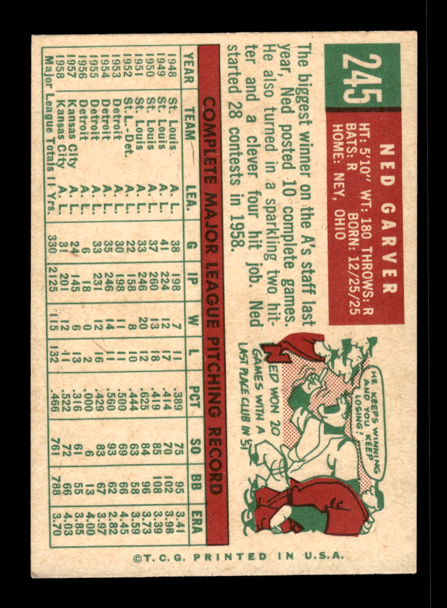 1959 Topps #245b Ned Garver Kansas City Athletics EX 10012041