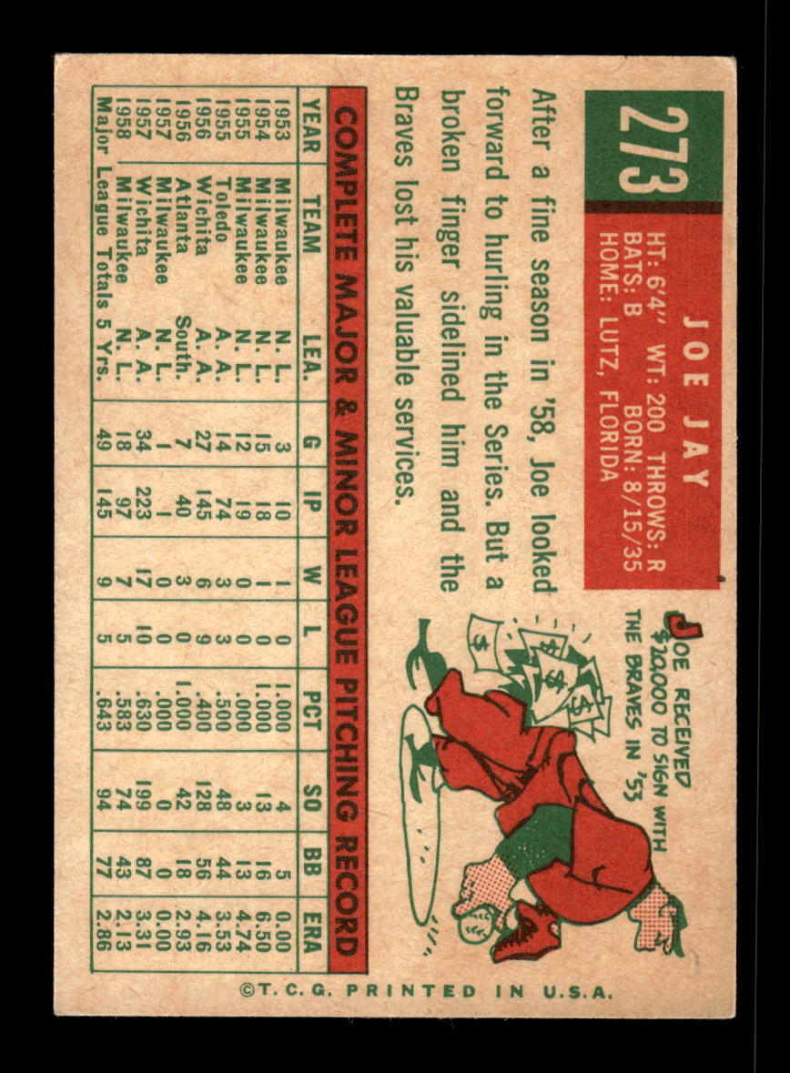 1959 Topps #273b Joe Jay Milwaukee Braves EX 10012048