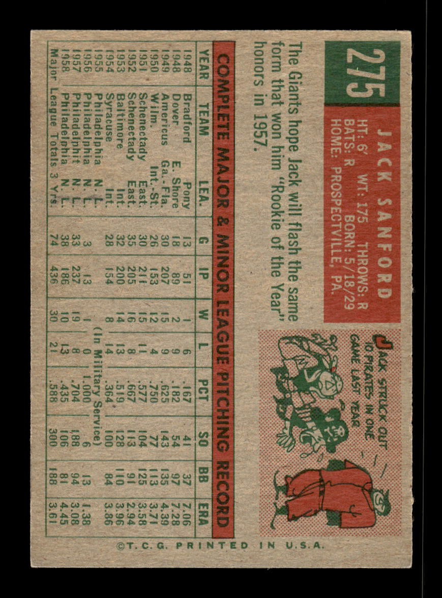 1959 Topps #275b Jack Sanford San Francisco Giants EX 10012049
