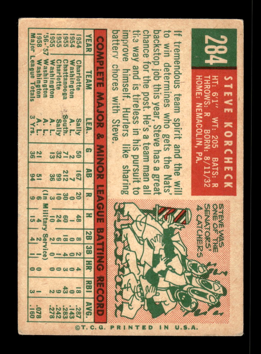 1959 Topps #284a Steve Korcheck Washington Senators EX 10012053
