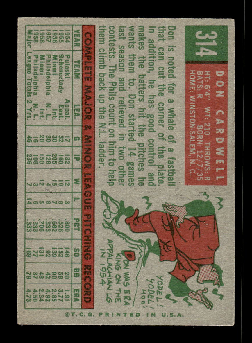 1959 Topps #314 Don Cardwell Philadelphia Phillies EX 10012059