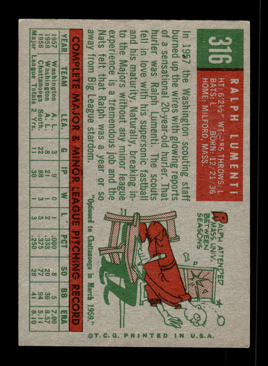1959 Topps #316b Ralph Lumenti Washington Senators EX 10012060