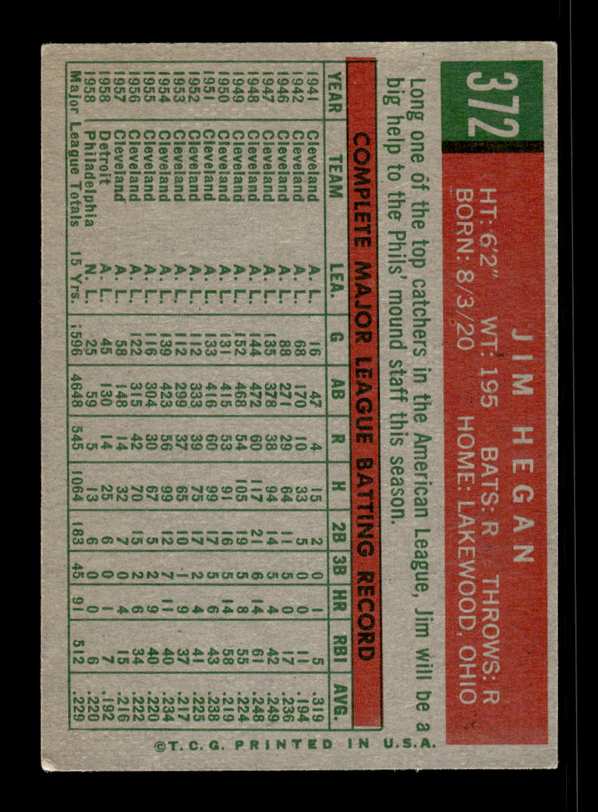 1959 Topps #372 Jim Hegan Philadelphia Phillies EX 10012074