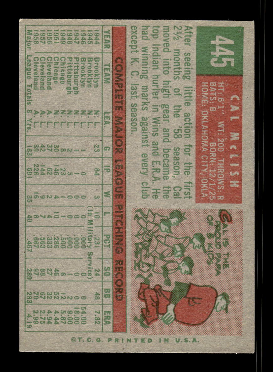 1959 Topps #445 Cal McLish Cleveland Indians EX 10012091