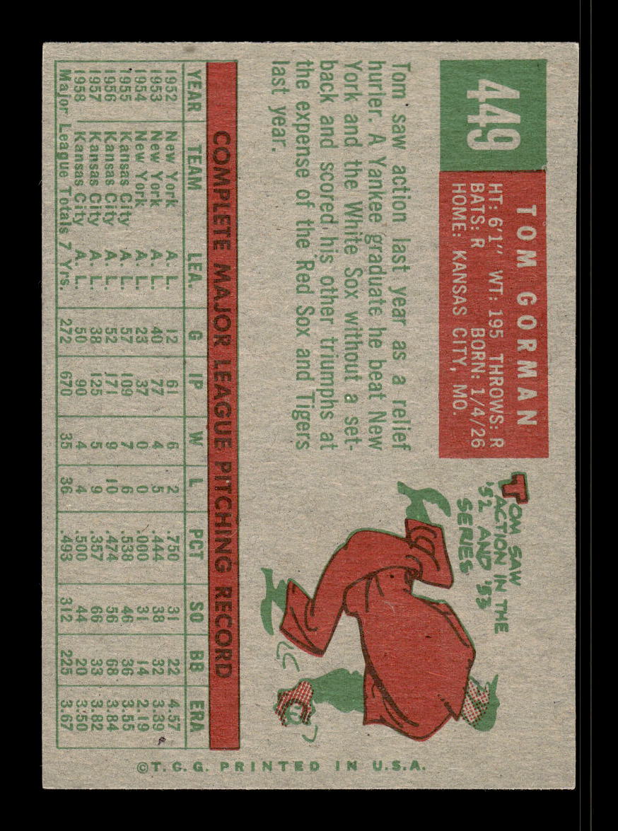1959 Topps #449 Tom Gorman Kansas City Athletics EX 10012092