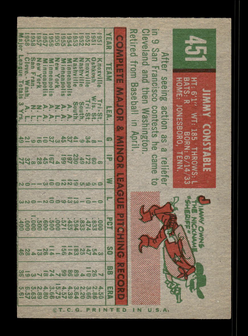 1959 Topps #451 Jimmy Constable Washington Senators EX 10012093