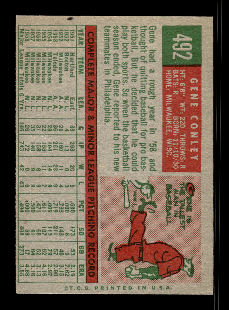 1959 Topps #492 Gene Conley Philadelphia Phillies EX 10012100