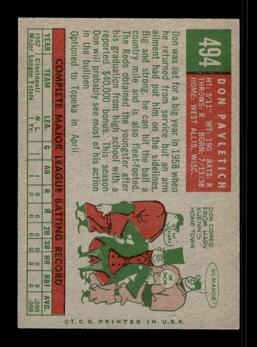 1959 Topps #494 Don Pavletich Cincinnati Redlegs EX 10012101